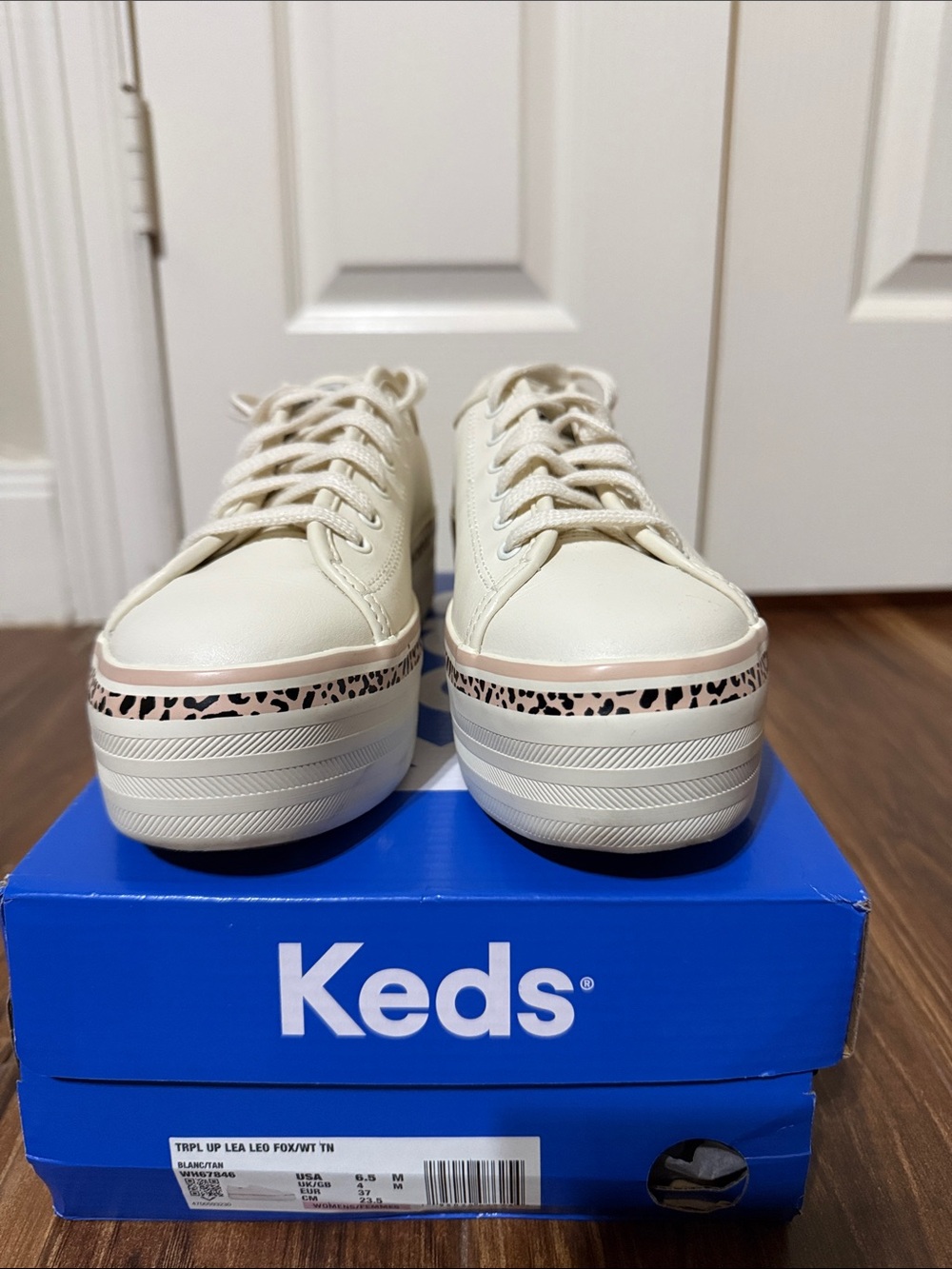 Keds Cream Platform Sneakers with Pink Leopard Trim